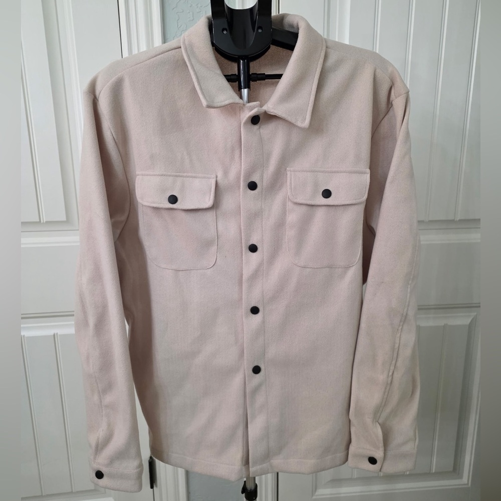 Men's Beige Shirt Jacket with Button Closure